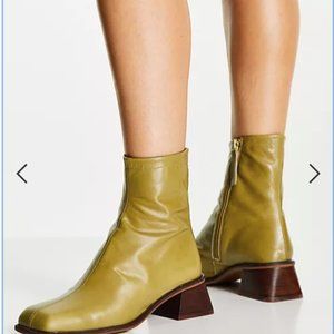 ASOS DESIGN Rebecca premium leather square toe boots in khaki size 9